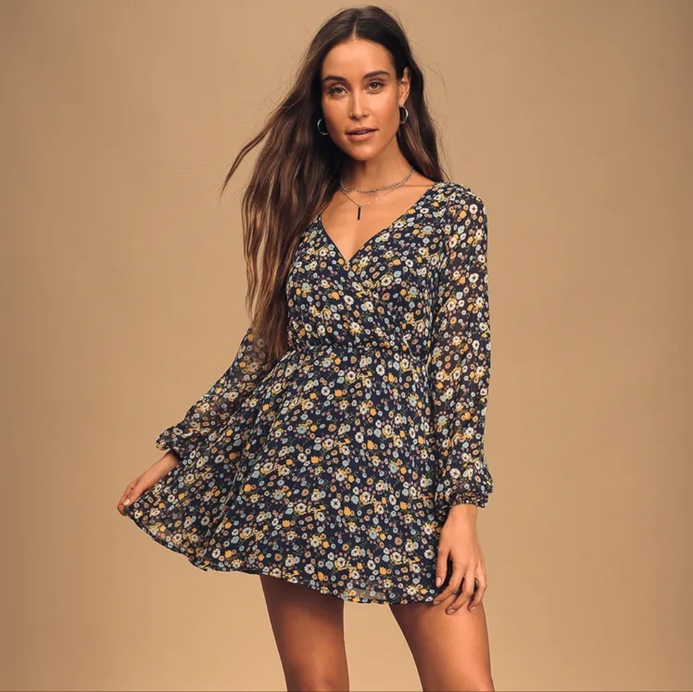 Bloom For Me Navy Blue Floral Print Long Sleeve Skater Dress